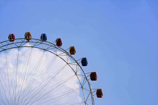 Close-up of Ferris wheel under blue sky