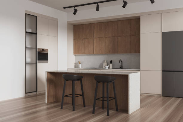 istock Elegant home kitchen interior with bar island, cooking cabinet and fridge 2153632964
