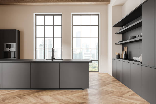 istock Modern kitchen interior with a cityscape view, herringbone pattern floor, and minimalist design, concept of urban living. 3D Rendering 2153633012