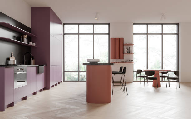 istock White and purple kitchen with island and dining table 2153633013