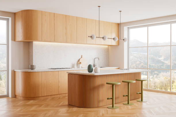 istock Stylish hotel kitchen interior with bar countertop, panoramic window 2153633067
