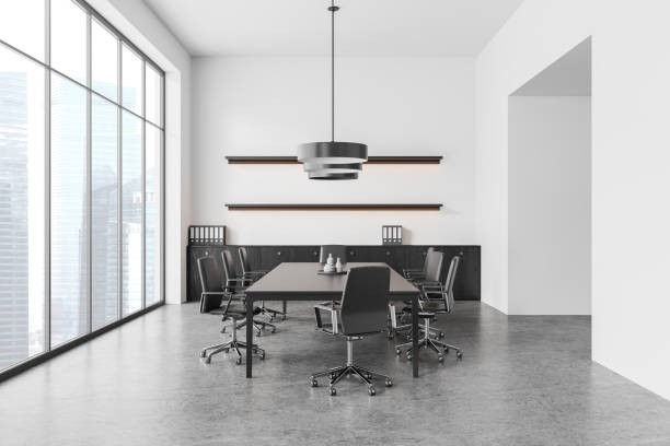 istock Stylish meeting room interior conference table and chairs, panoramic window 2153633833