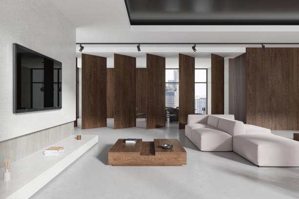 istock Stylish home living room interior with relax and eating place, panoramic window 2153634048