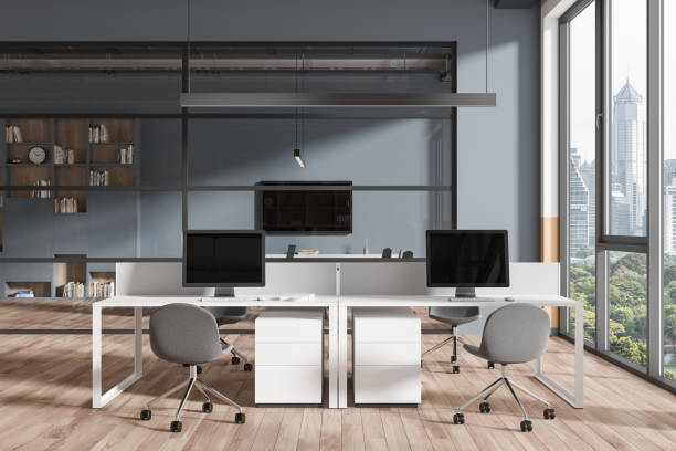 istock Stylish office interior with coworking and conference room, panoramic window 2153634233