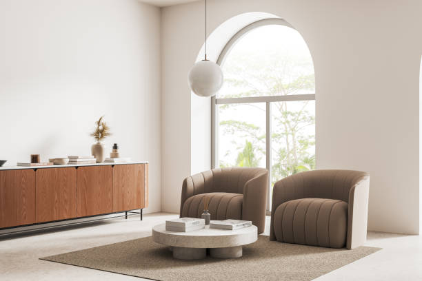 istock Modern living room interior with two armchairs and drawer, panoramic window 2153634443