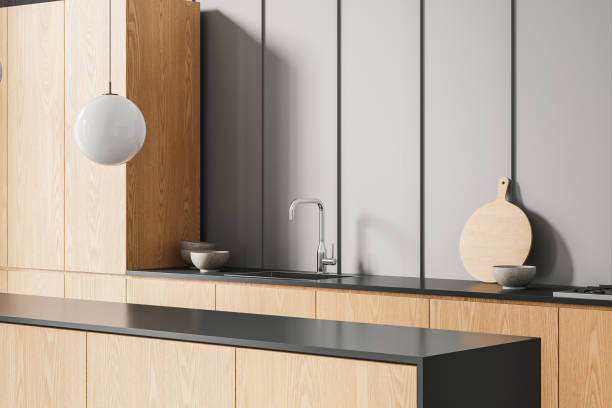 istock Stylish home kitchen interior with bar island, sink and stove with kitchenware 2153634480
