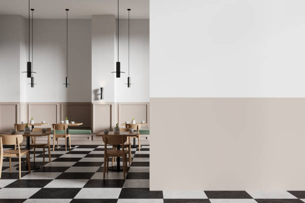 istock Classic modern restaurant interior with chairs and tables in row, mockup wall 2153635002