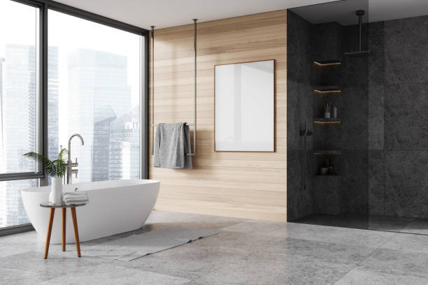 istock Home bathroom interior with bathtub, shower and panoramic window. Mockup frame 2153635150