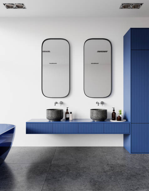 istock White and blue bathroom interior with twin sink 2153635206