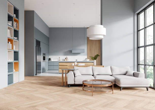 istock Modern flat studio interior with cooking and lounge zone with couch and window 2153635225