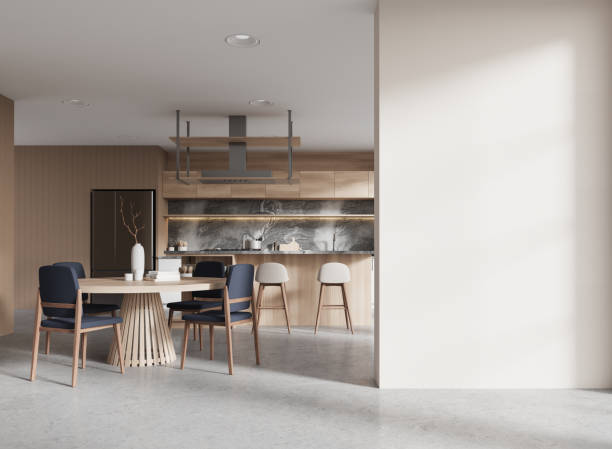 istock Stylish home kitchen interior with eating and cooking space, wall mockup 2153635304
