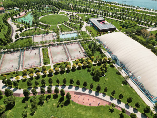 City park aerial view in sunny day