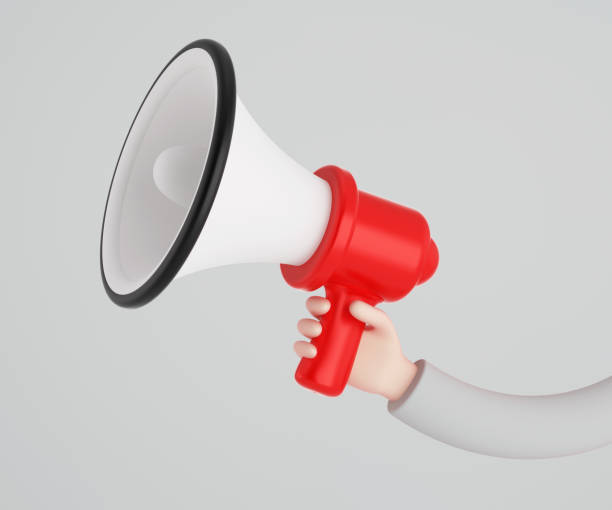 istock Woman's hand holding a megaphone on white background 2153640061