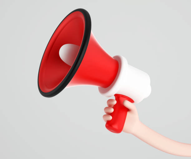 istock 3D hand holding a red megaphone on a white background 2153640071