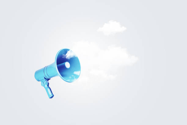 istock Creative blue loudspeaker with clouds on a gray background, concept. Affiliate marketing and attracting traffic, creative idea. Attention. Ad 2153650320