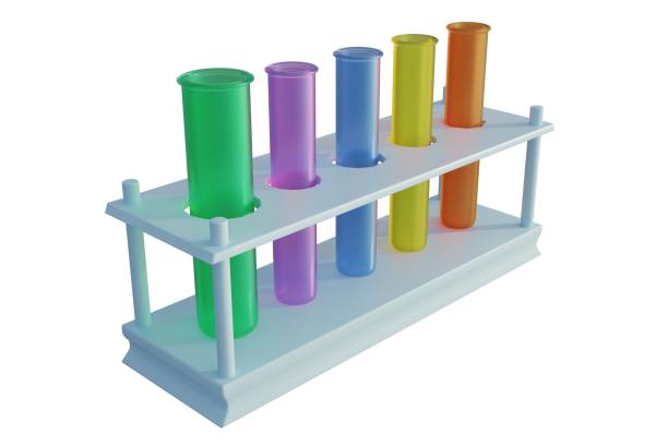 3D rendering of colorful test tubes in rack for scientific experiment isolated over white background