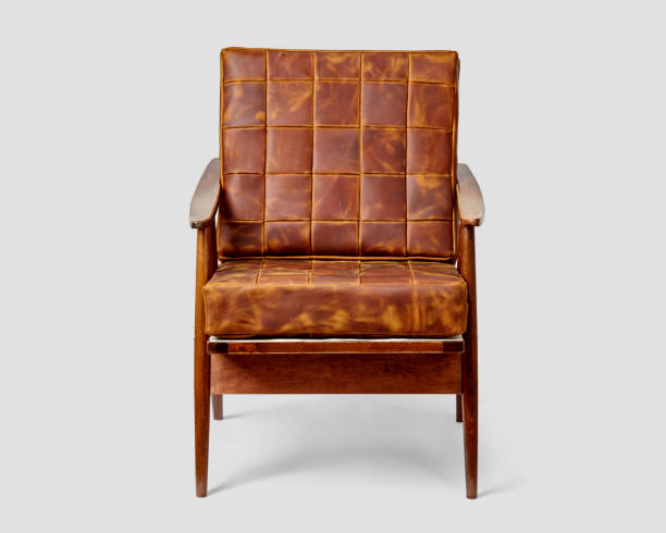 istock Vintage wooden chair with brown patchwork leather upholstery 2153652267