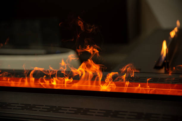 Active Modern Fireplace. Split screen from drawing to photo.