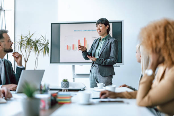istock Businesswoman presenting to colleagues 2153656584