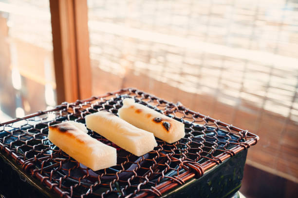 Close-up of three perfectly grilled mochi pieces on a traditional wire mesh, with a warm background. The golden brown texture highlights the traditional Japanese cooking method.