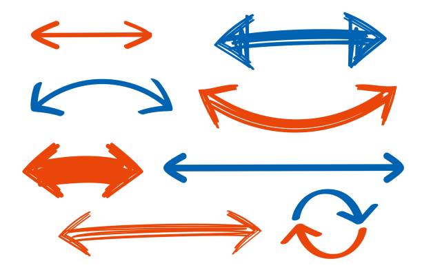 Handwritten red and blue double arrow set Handwritten red and blue double arrow set double arrow chart stock illustrations