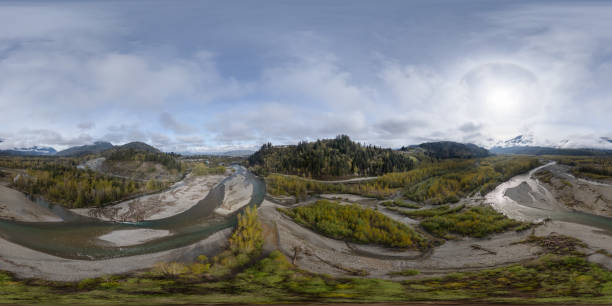 istock Aerial View of the River and Mountains. Dramatic Cloudy Sky 2153674877