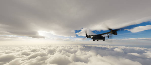 istock Military Aircraft flying over the Clouds. 3d Rendering 2153676582