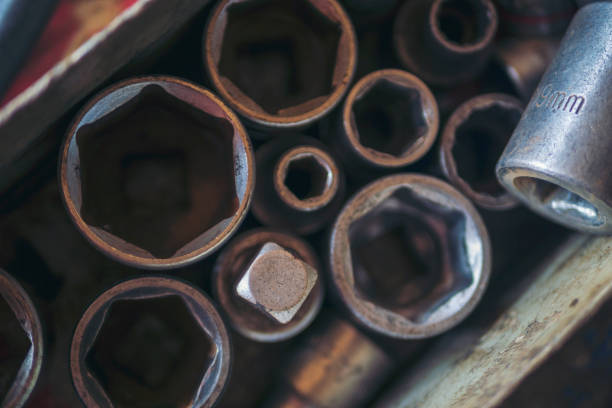 Mechanic tools engineering equipment car auto repair shop with copy space. Blurred background mechanical service. Heavy screw grungy rusted wrenches dirty screwdriver object. Industrial hardware set