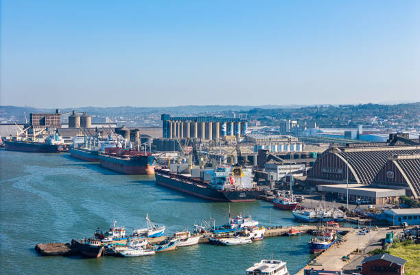 Durban Harbor with shipping docked for exports of grain and sugar and smaller fishing trawlers.