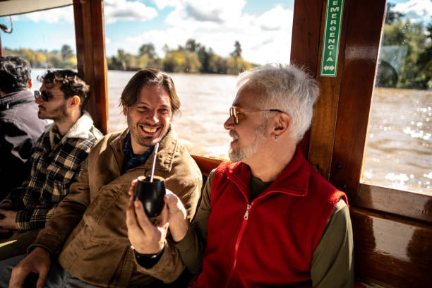 Tourist friends drinking yerba mate during on a ferry ride