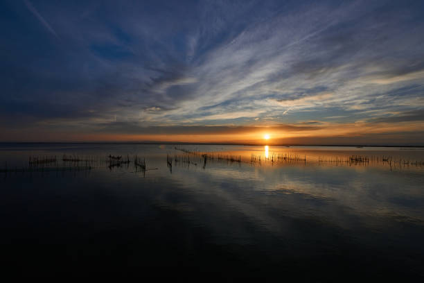 A fantastic and warm sunset with clear skies and beautiful colors in the Albufera of Valencia, Spain.