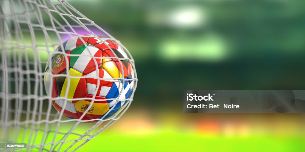 Football ball with flags of european countries in the net of goal of football stadium. Football ball with flags of European countries in the net of the goal of the football stadium. 3d illustration Soccer Stock Photo Football ball with flags of european countries in the net of goal of football stadium. Football ball with flags of European countries in the net of the goal of the football stadium. 3d illustration Soccer Stock Photo