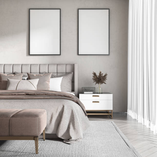 istock Frame mockup, ISO A paper size. Bed room wall poster mockup. Interior mockup with house background. Modern interior design. 3D render 2153701546