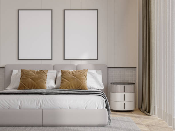 istock Frame mockup, ISO A paper size. Bed room wall poster mockup. Interior mockup with house background. Modern interior design. 3D render 2153701553