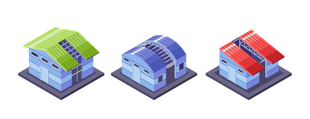 Isometric View Of Three Buildings, Each Constructed With A Metal Frame. Vector Modern House Structures Isometric View Of Three Buildings, Each Constructed With A Metal Frame. Vector Modern Structures Include A Traditional House With Solar Panels, A Round-topped Blue Warehouse, And A Red-roofed Building solar panels on the roof of building in a city stock illustrations