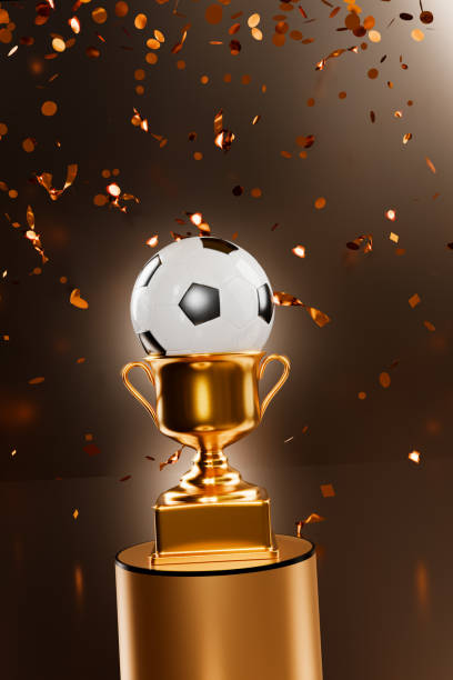 istock Golden trophy with a soccer ball on top surrounded by confetti.3d rendering 2153707616