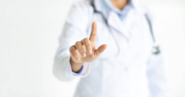 istock Unrecognizable woman doctor touching transparent screen, cropped 2153720777