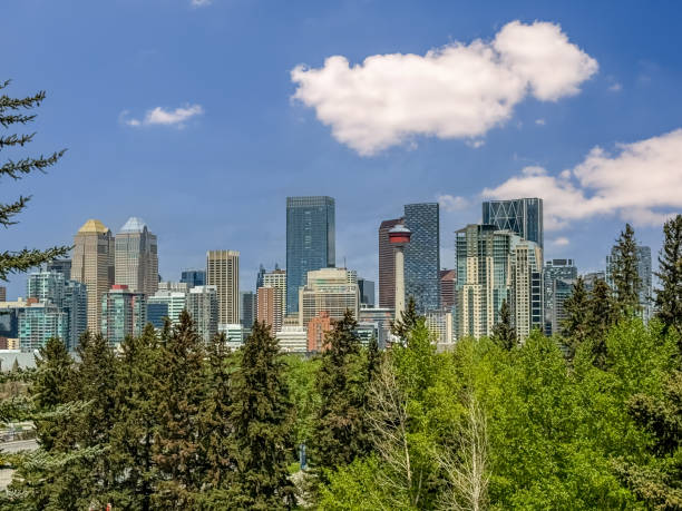 Calgary, Alberta - May 19, 2024: The downtown Calgary skyline seen from Reader Rock Garden in SE Calgary