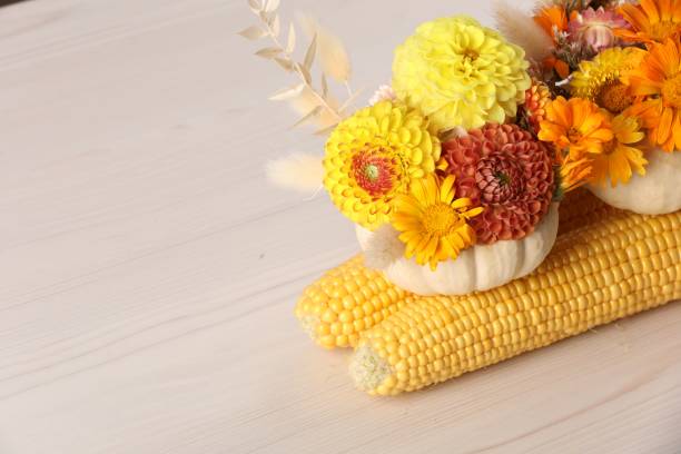 istock Composition of small pumpkins with beautiful flowers and corn cobs on light wooden table, closeup. Space for text 2153733134