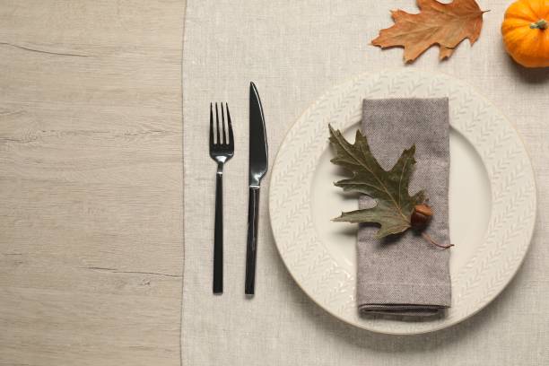 istock Autumn table setting, dry leaves and acorn, flat lay. Space for text 2153733149