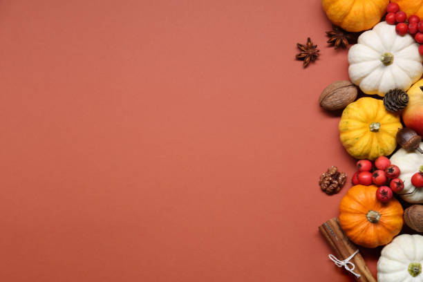 istock Thanksgiving day. Flat lay composition with pumpkins on brown background, space for text 2153733183