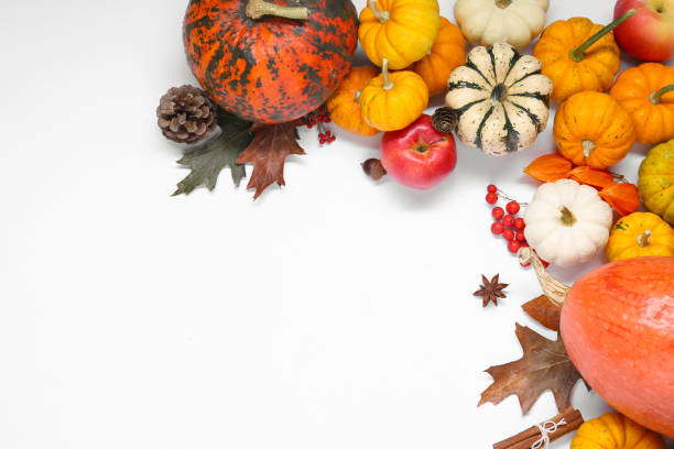 istock Thanksgiving day. Flat lay composition with pumpkins on white background, space for text 2153733202