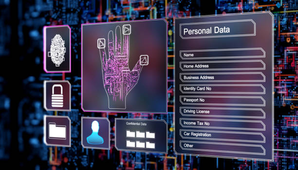 Digital person identity concept with touch screen biometrics security by fingerprint. abstract UI.