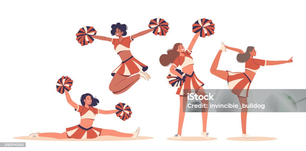 Cheer Scroller Four Dynamic Female Cheerleaders In Action During Sporting Event ...