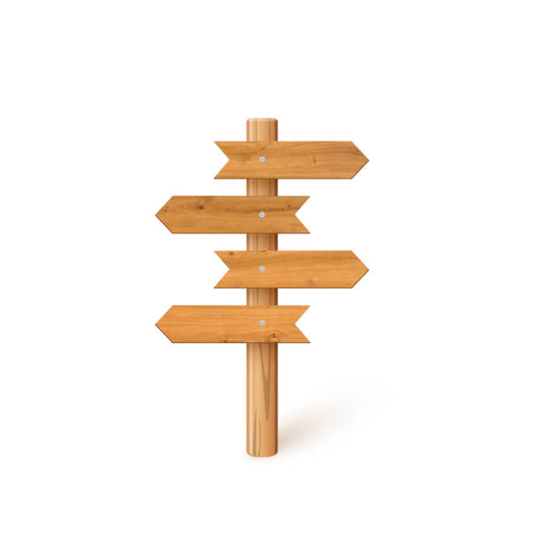 istock 3d wooden signboard vector illustration. Realistic wood sign post. Blank arrow with wood texture, plywood road pointer. City guidance 2153742419