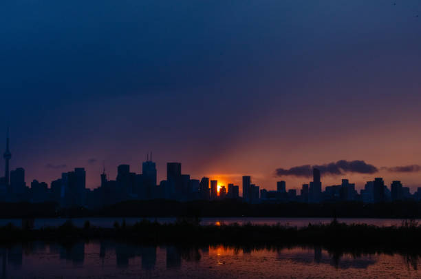 Toronto skyline at sunset with reflection on the lake