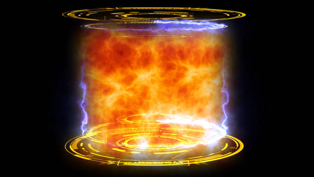 istock Nuclear fusion engine simulation of atomic collision to powerful  release mass power in digital orangee laboratory on black isolated 2153747805