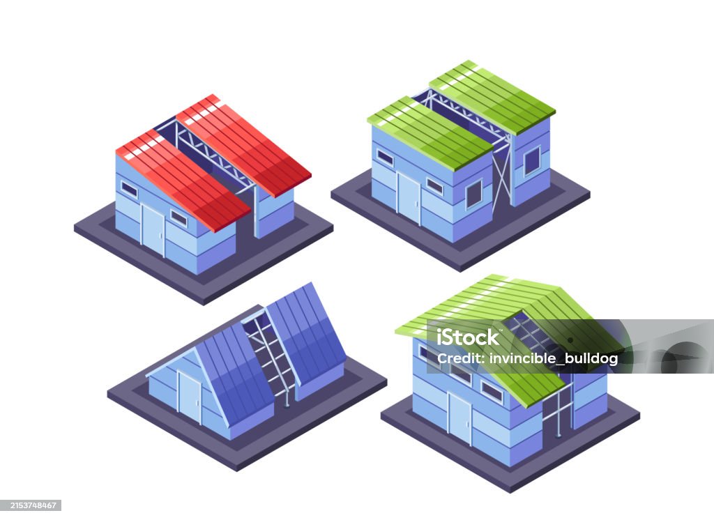 Vector Structural Home Isometric Vector Houses With Colored Roofs And Metal Frame Structures ...