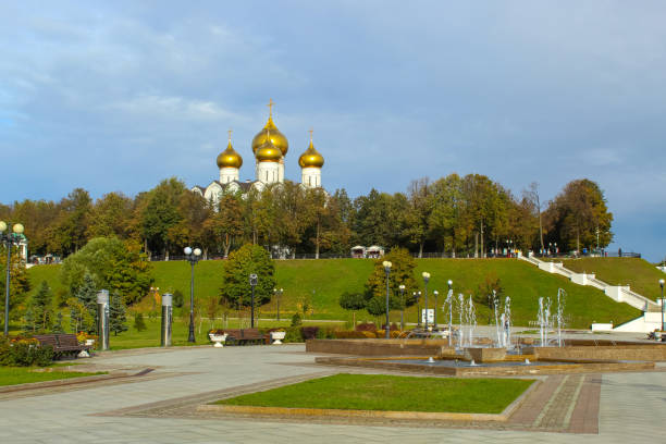View of Strelka Park, temple complex. Confluence of Volga and Kotorosl rivers, Yaroslavl, Russia