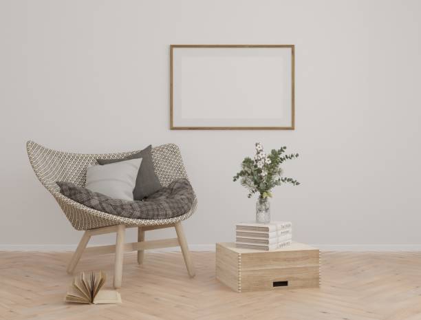 Frame mockup, interior frame, poster wood frame element and living room in empty picture interior in illustration 3d rendering